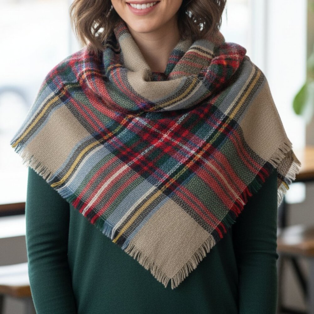 Vintage Tan Plaid Oversized Blanket Scarf